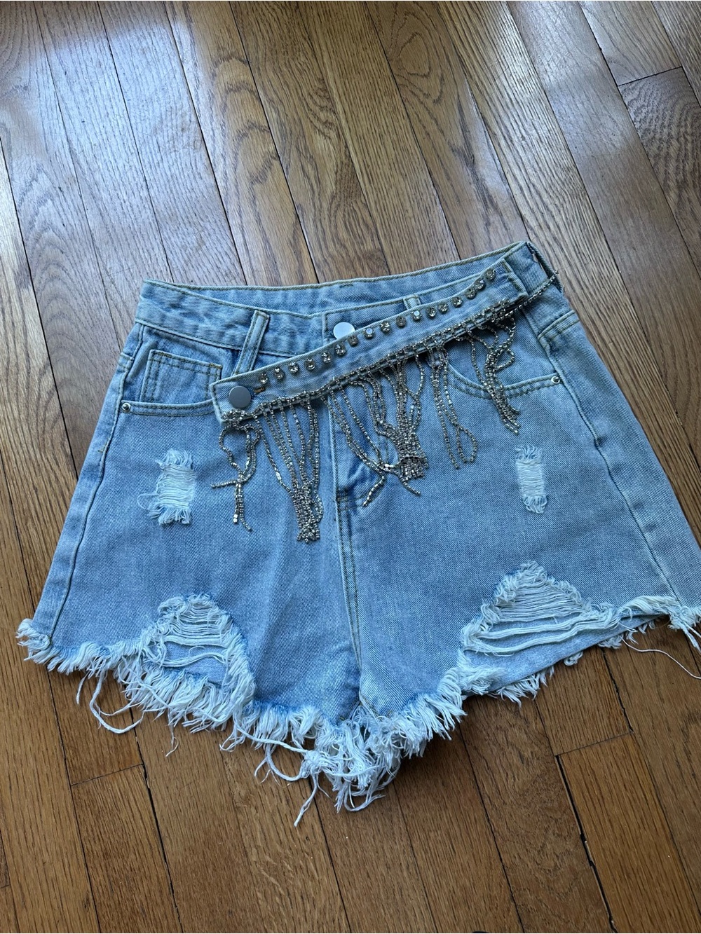 Light Blue Distressed Denim Shorts with Fringe Chain Detail